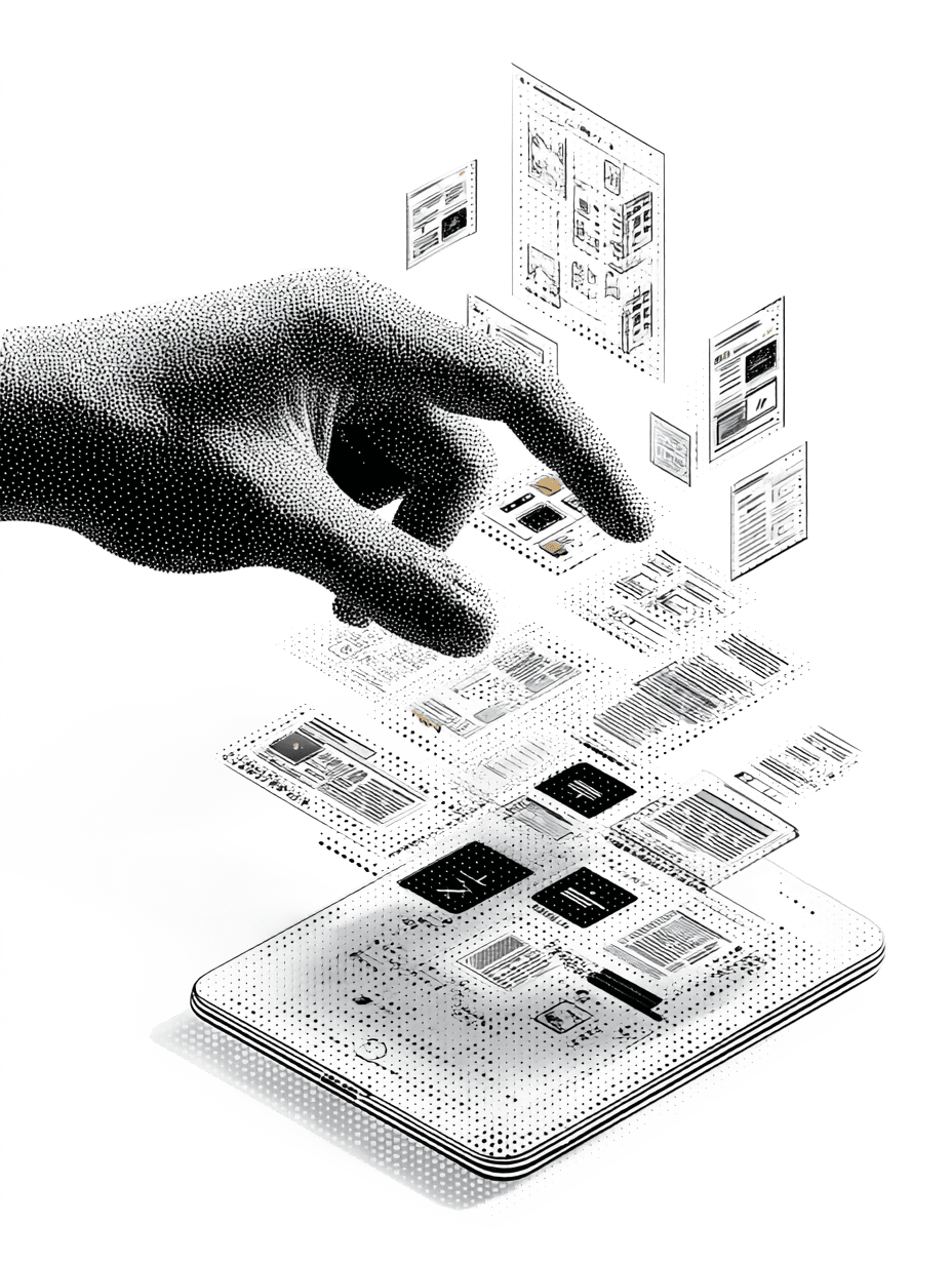 Main tenant sa main vers des écrans virtuels flottants au-dessus d'une tablette. Concept de technologie moderne.