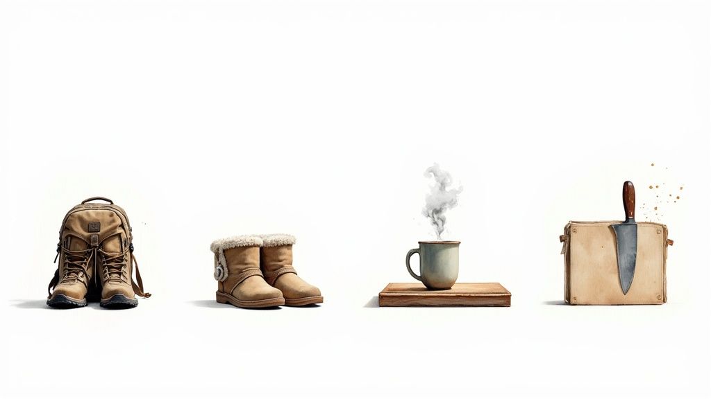 A collection of outdoor gear including a backpack, hiking boots, winter boots, and a knife.