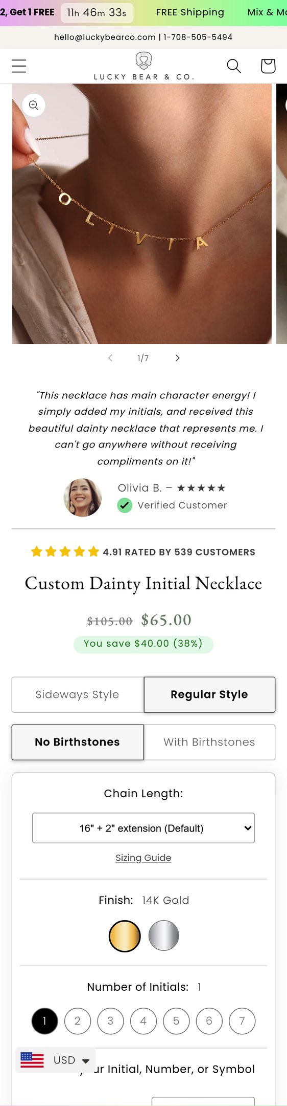 Jewelry product options include: necklace, chain for Custom Dainty Initial Necklace from Lucky Bear & Co..