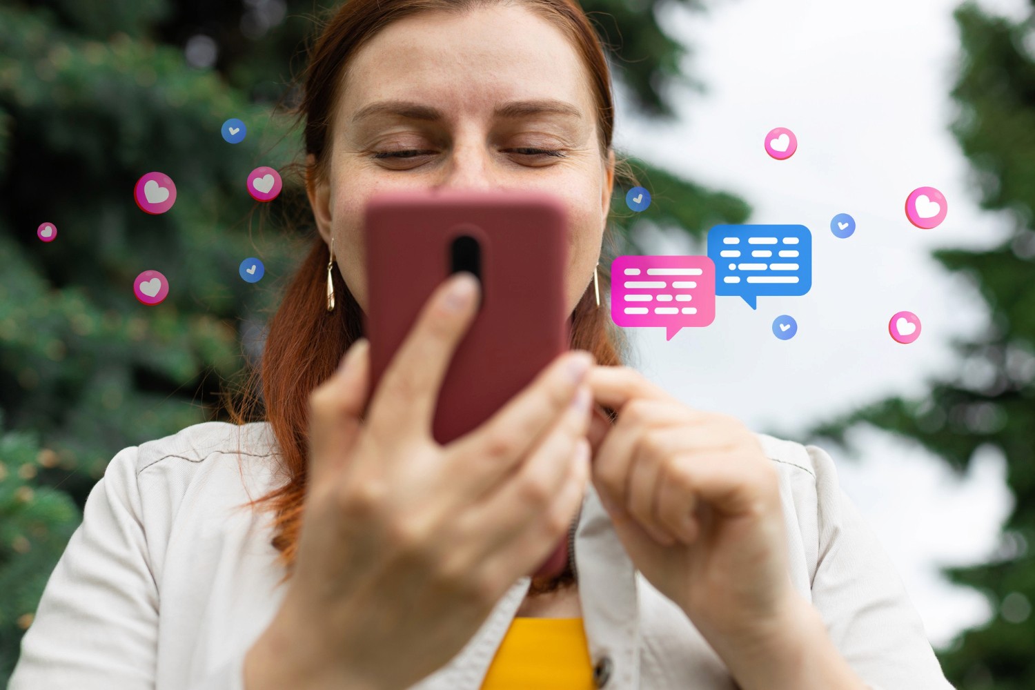 A woman holds a smartphone, with various social media icons emerging from the device, symbolizing digital connectivity.