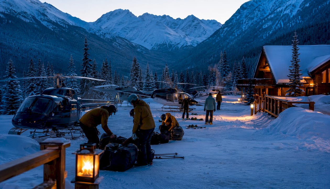 Heli ski base camp in snowy mountain valley at dusk