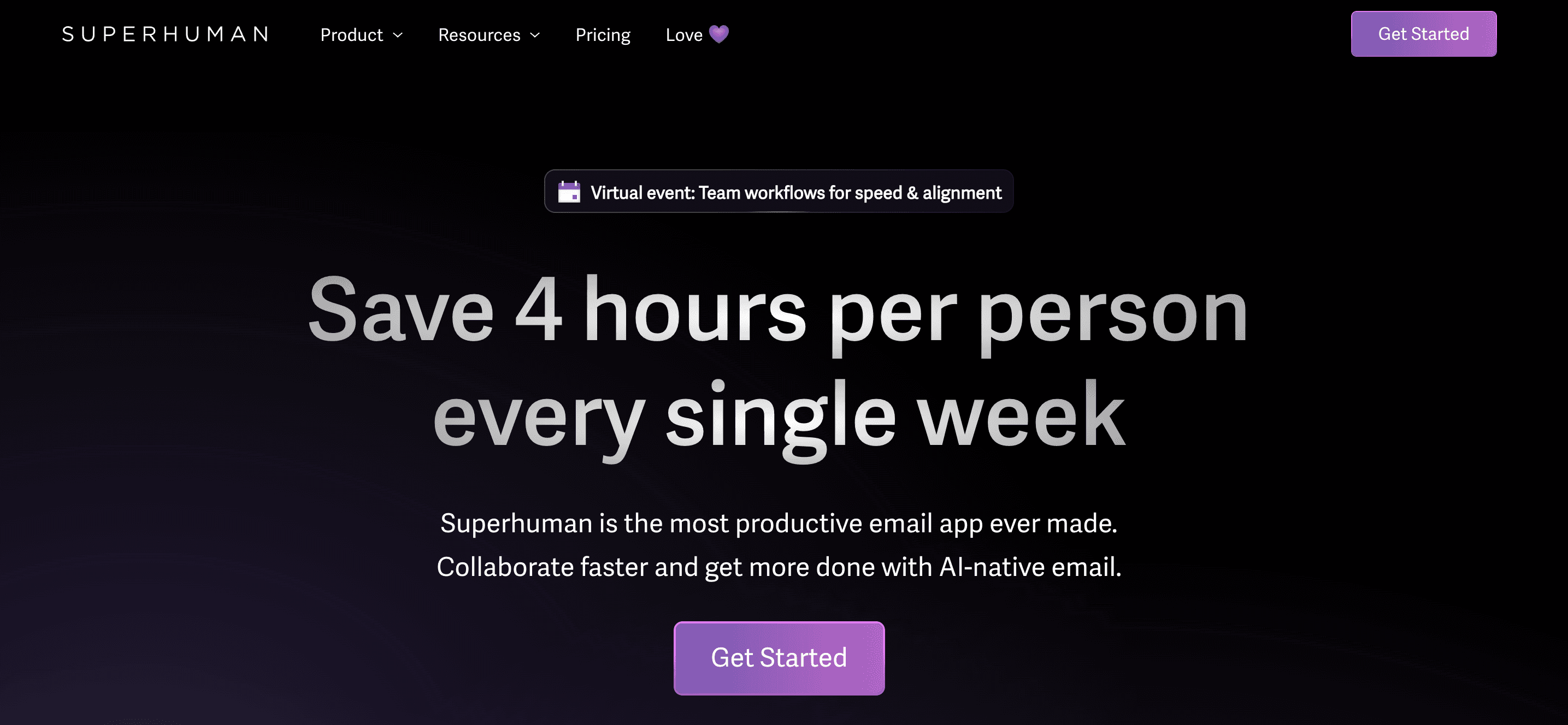 Screenshot of the homepage of Superhuman, an email app. 