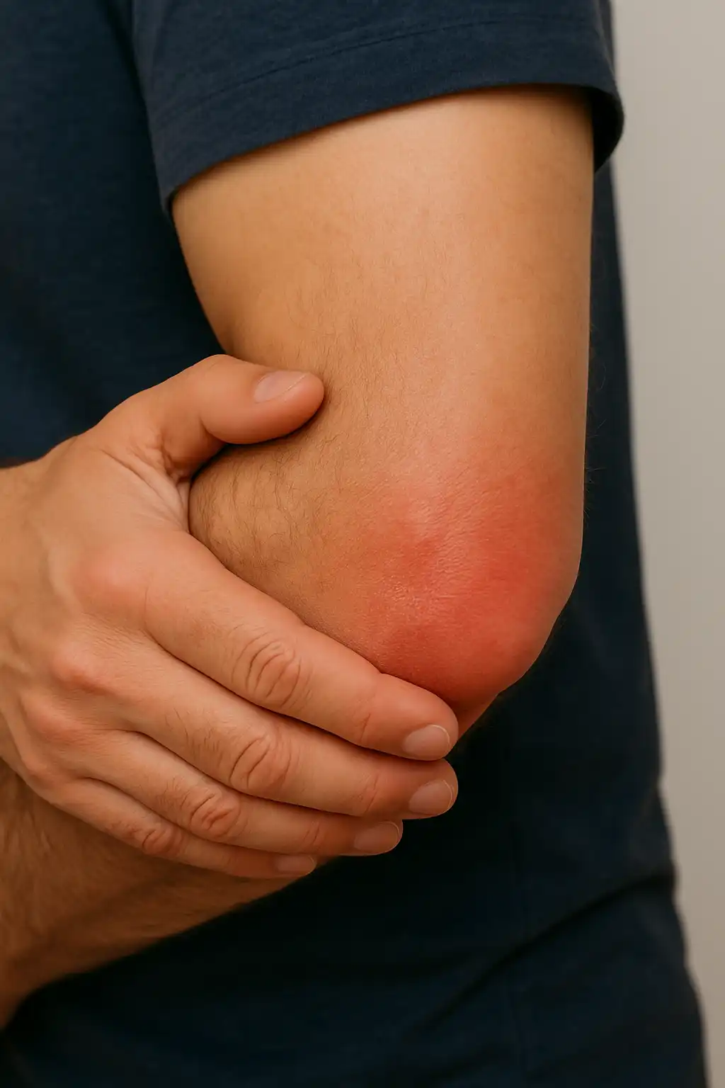 A man gripping his elbow with a painful expression, with a red highlight showing irritation typical of tennis elbow.