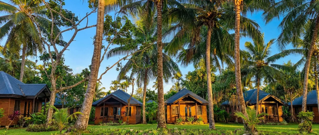 Tropical bures with blue roofs stand amidst palm trees and green lawns at Uprising Beach Resort.