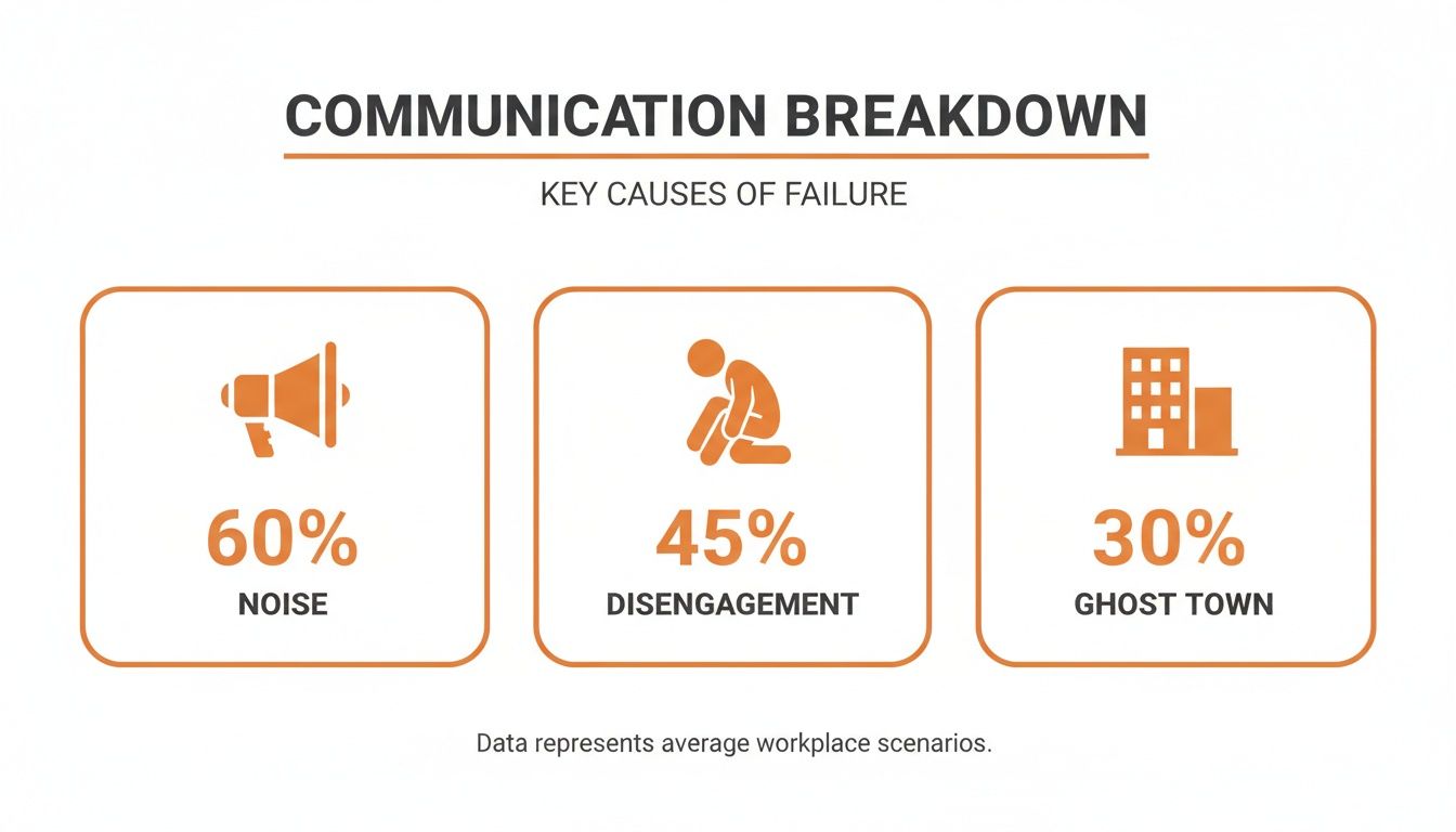 An infographic detailing communication breakdown causes: Noise (60%), Disengagement (45%), and Ghost Town (30%).