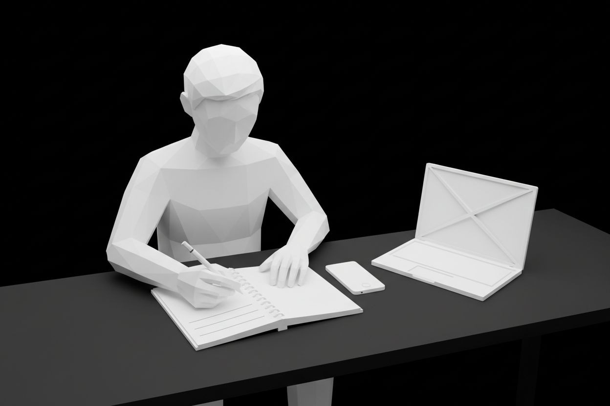 Person writing notes next to a laptop