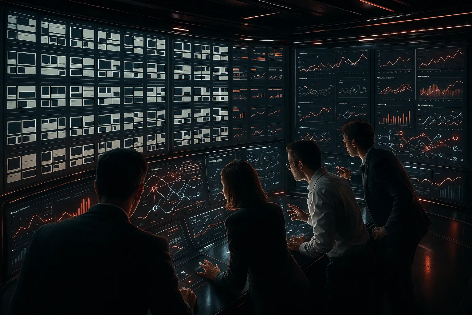Team analyzes data on multiple screens at RockN' Socials Digital Marketing Agency.