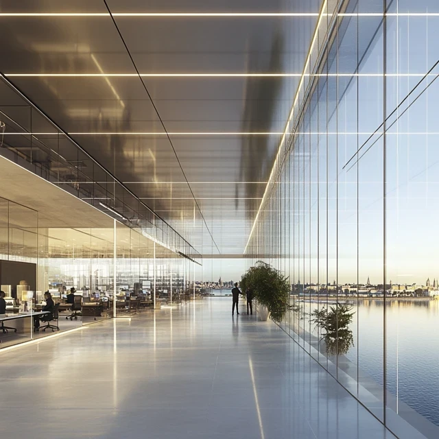 Bureau futuriste en verre donnant sur l'eau