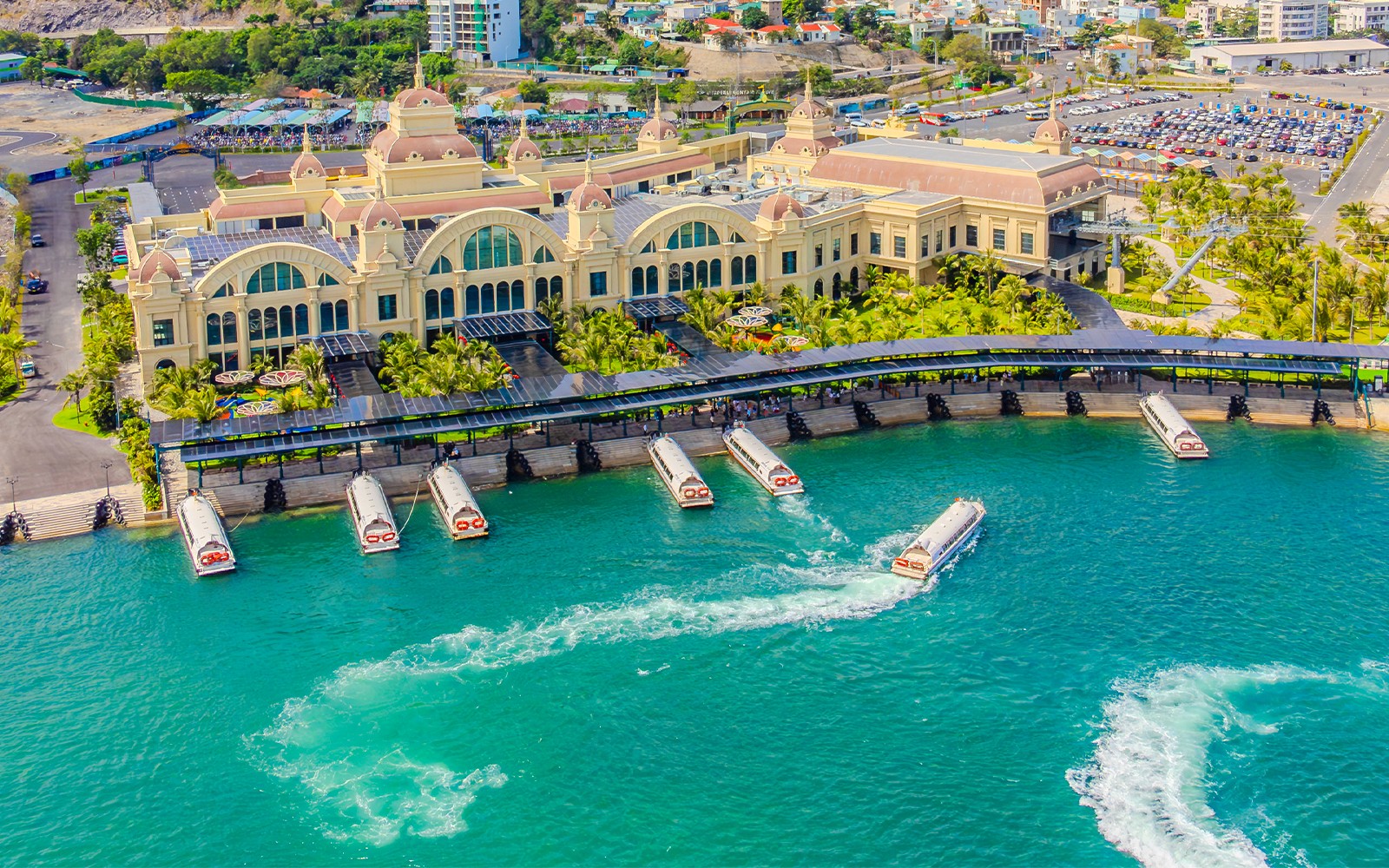 Speedboats docked at VinWonders Nha Trang Theme Park, Vietnam.