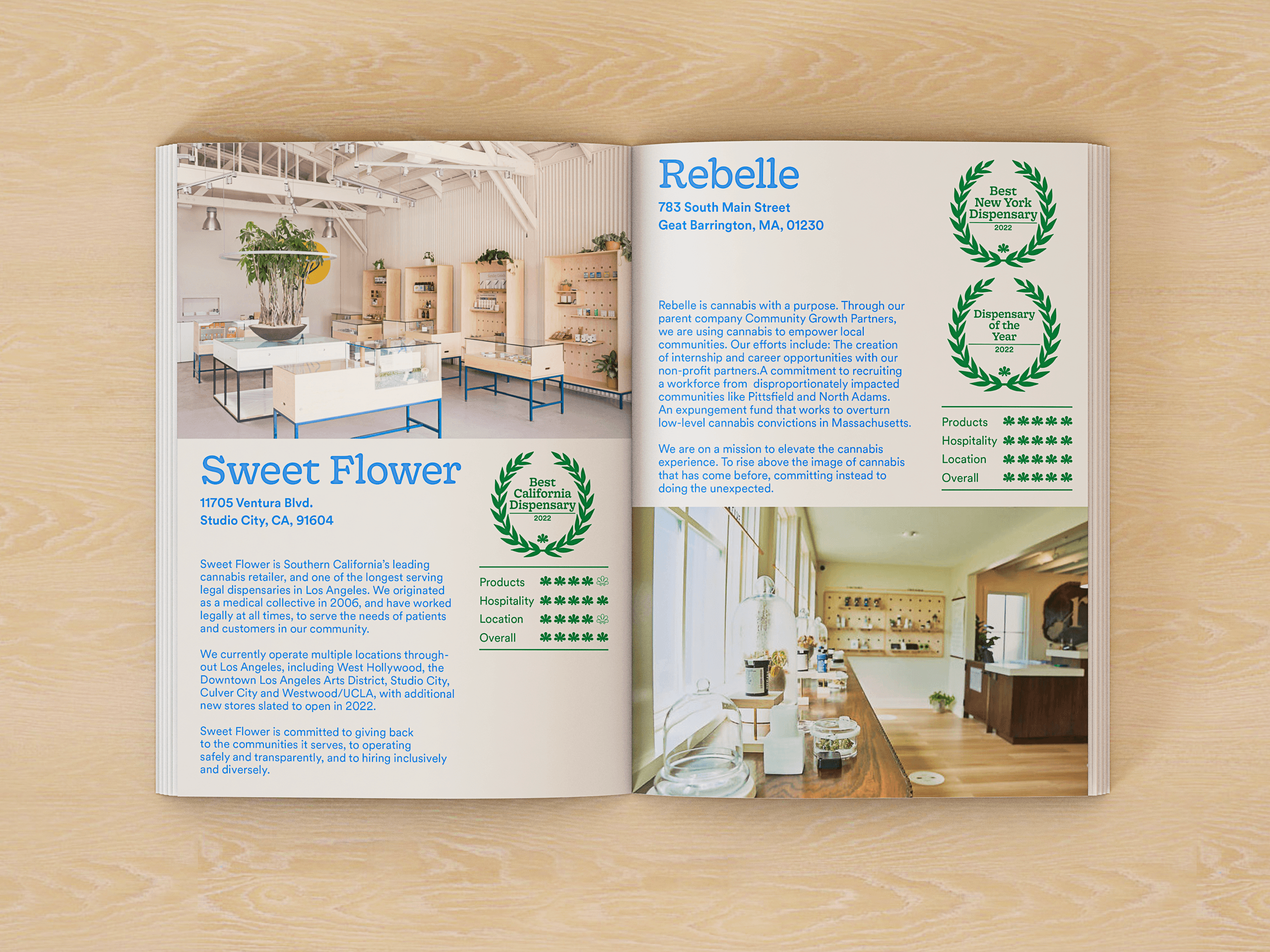 The image shows an open brochure or catalog page laid out flat on a light wood-grain surface. The left page is titled "Sweet Flower" and displays a photograph of a modern, well-lit interior space with glass display cases and a plant. The text describes Sweet Flower as a leading cannabis retailer in Southern California, operating multiple locations and committed to giving back to the community. It mentions the company's legal status as a medical collective and its plans to open additional stores in 2022. The right page is titled "Rebelle" and features two green laurel wreaths, one labeled "Best California Dispensary 2022" and the other "Dispensary of the Year 2022". Below the wreaths, a photograph of a modern kitchen is visible, with text describing Rebelle’s cannabis community growth, parent company efforts, and commitment to elevating cannabis experience. The page layout is clean and minimalist, with text and images organized in a visually appealing manner.