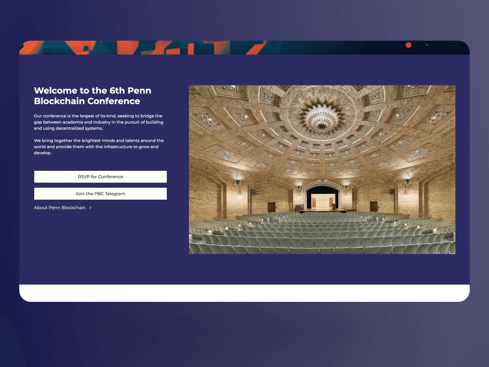 Homepage design for Penn Blockchain Conference by VaporAviator, featuring a bold and professional layout that highlights the event’s mission and key information.