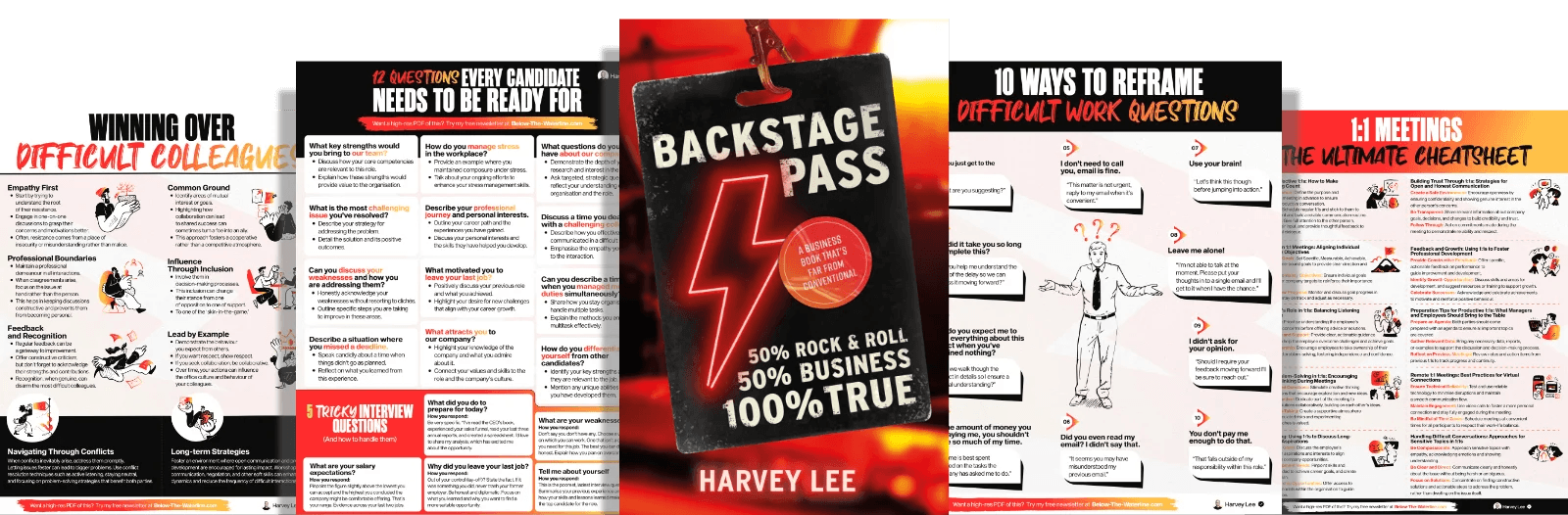 Backstage Pass career book by Harvey Lee displayed alongside free career cheat sheets and infographics, including "12 Questions Every Candidate Needs to Be Ready For," "10 Ways to Reframe Difficult Work Questions," a "1:1 Meetings" cheatsheet, and a guide to "Winning Over Difficult Colleagues
