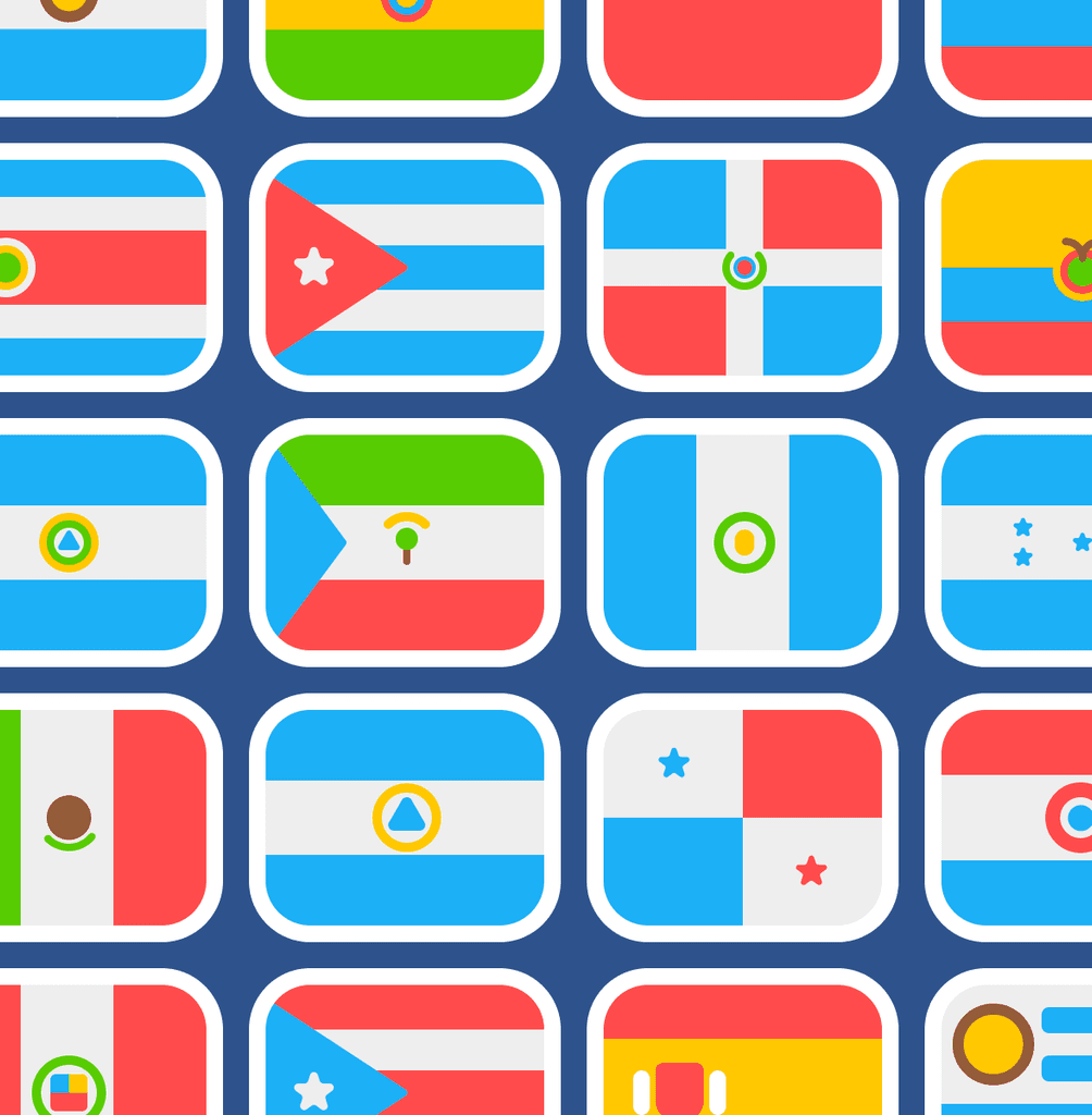 A grid of several flags of Spanish-speaking countries illustrated in the style of Duolingo with simplified shapes and bright colors.