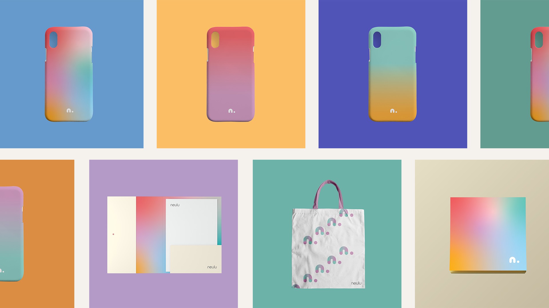 Eight smartphone cases are displayed in a grid of eight squares, each showcasing a gradient color scheme. The cases vary in color, including pink, orange, blue, purple, and teal, with some featuring geometric patterns or minimalist designs. A white tote bag with purple handles is positioned in the bottom center, contrasting with the colorful cases. The background colors range from light blue to orange, with some cases showing a gradient from light blue to pink. The cases are arranged in two rows of four, with some showing partial views or cutouts.