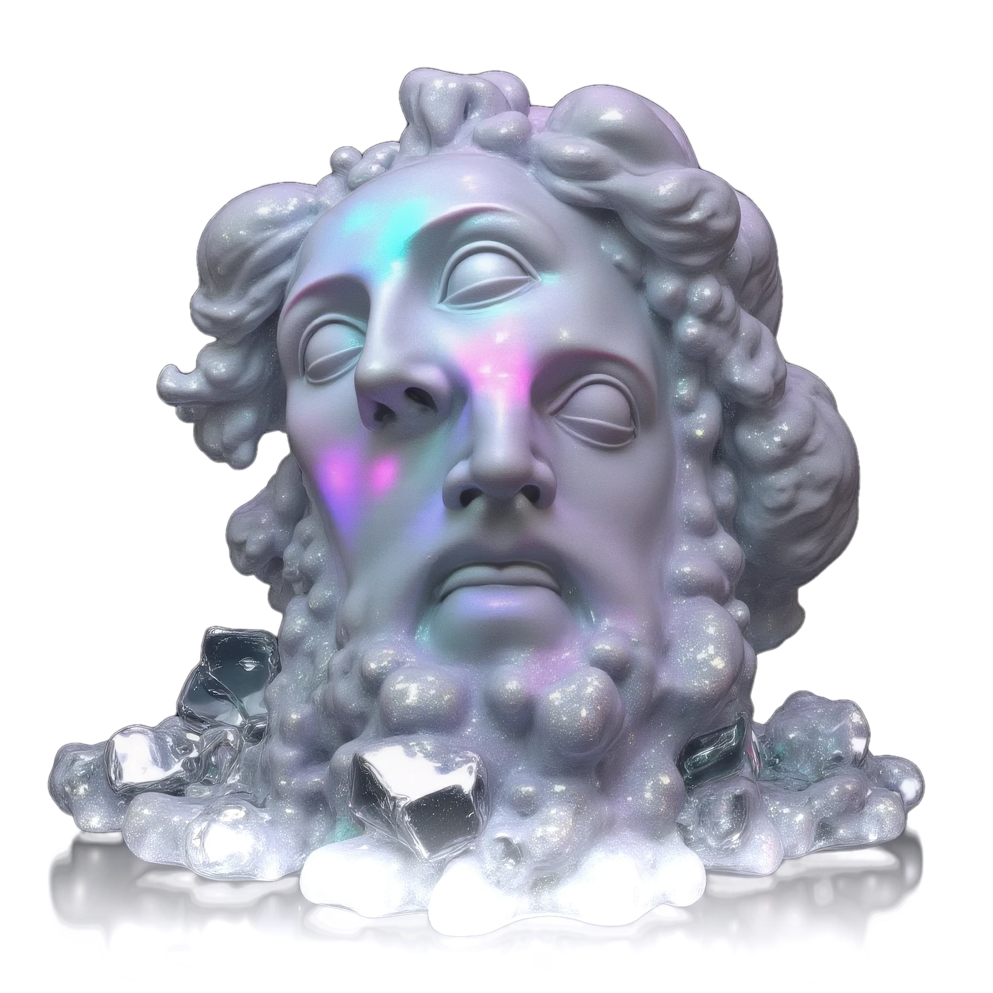 Pearl-white sculpted bust melting into crystals