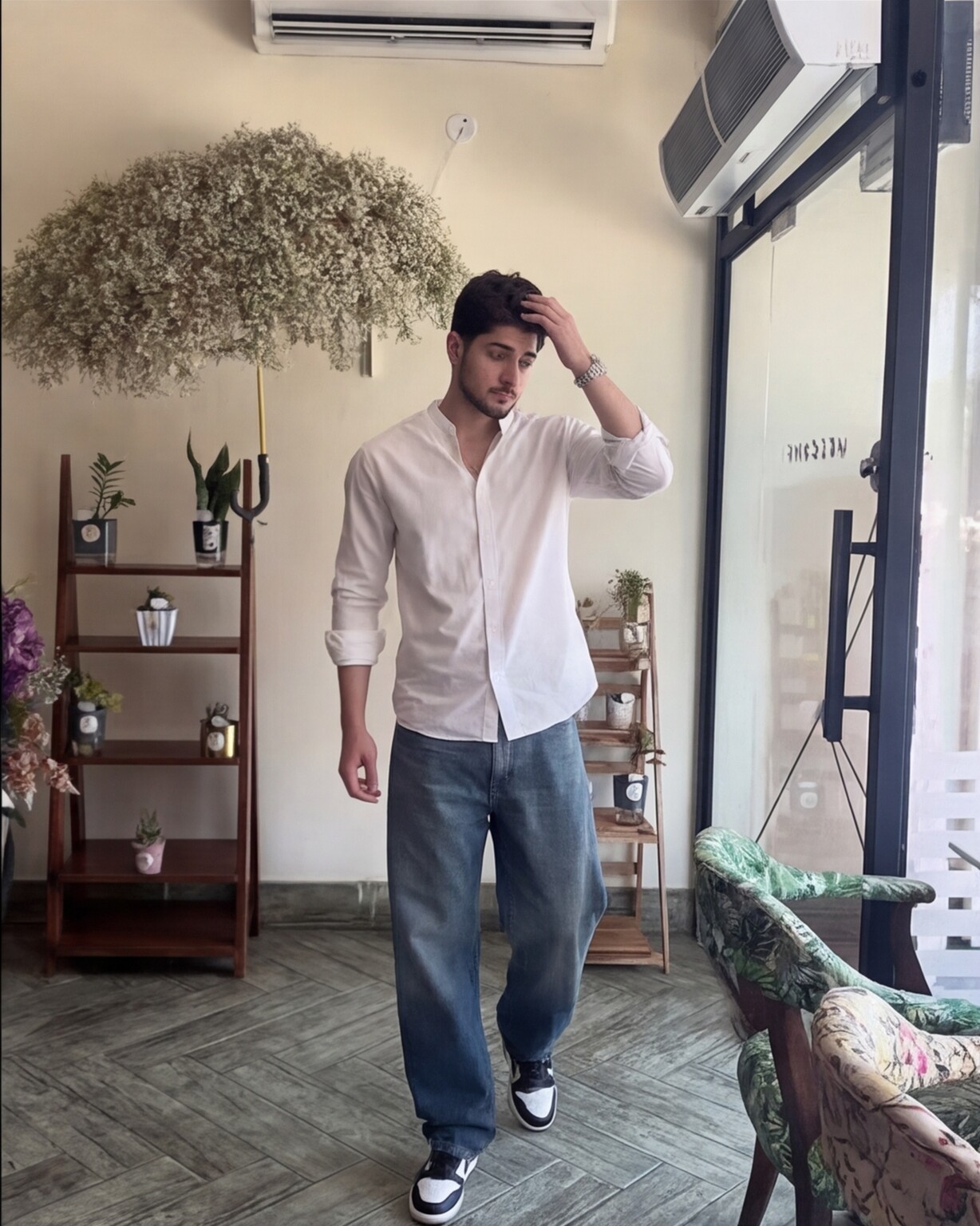 White Mandarin Shirt with Relaxed Denim