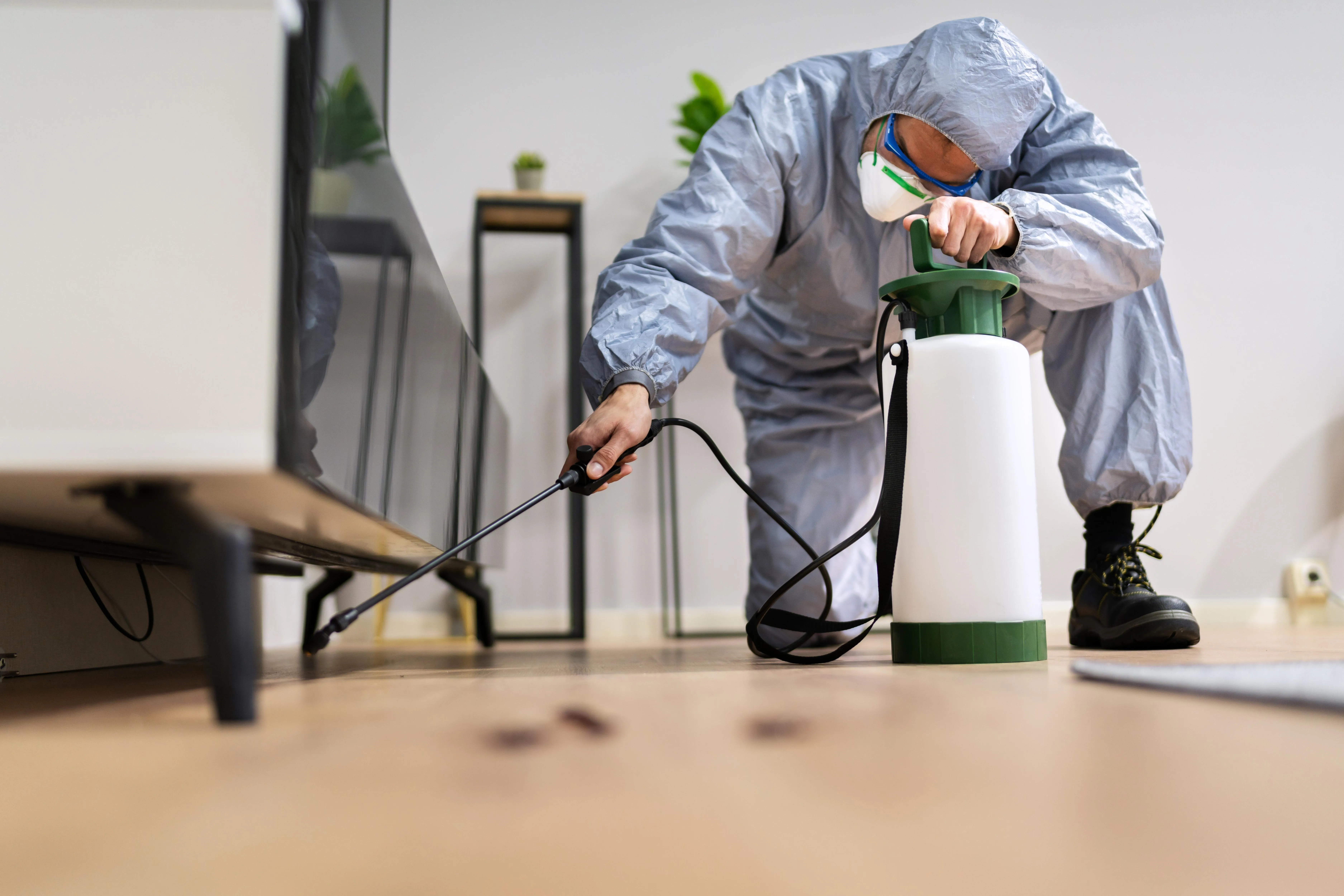 Technician in protective gear spraying ant treatment across a living room floor