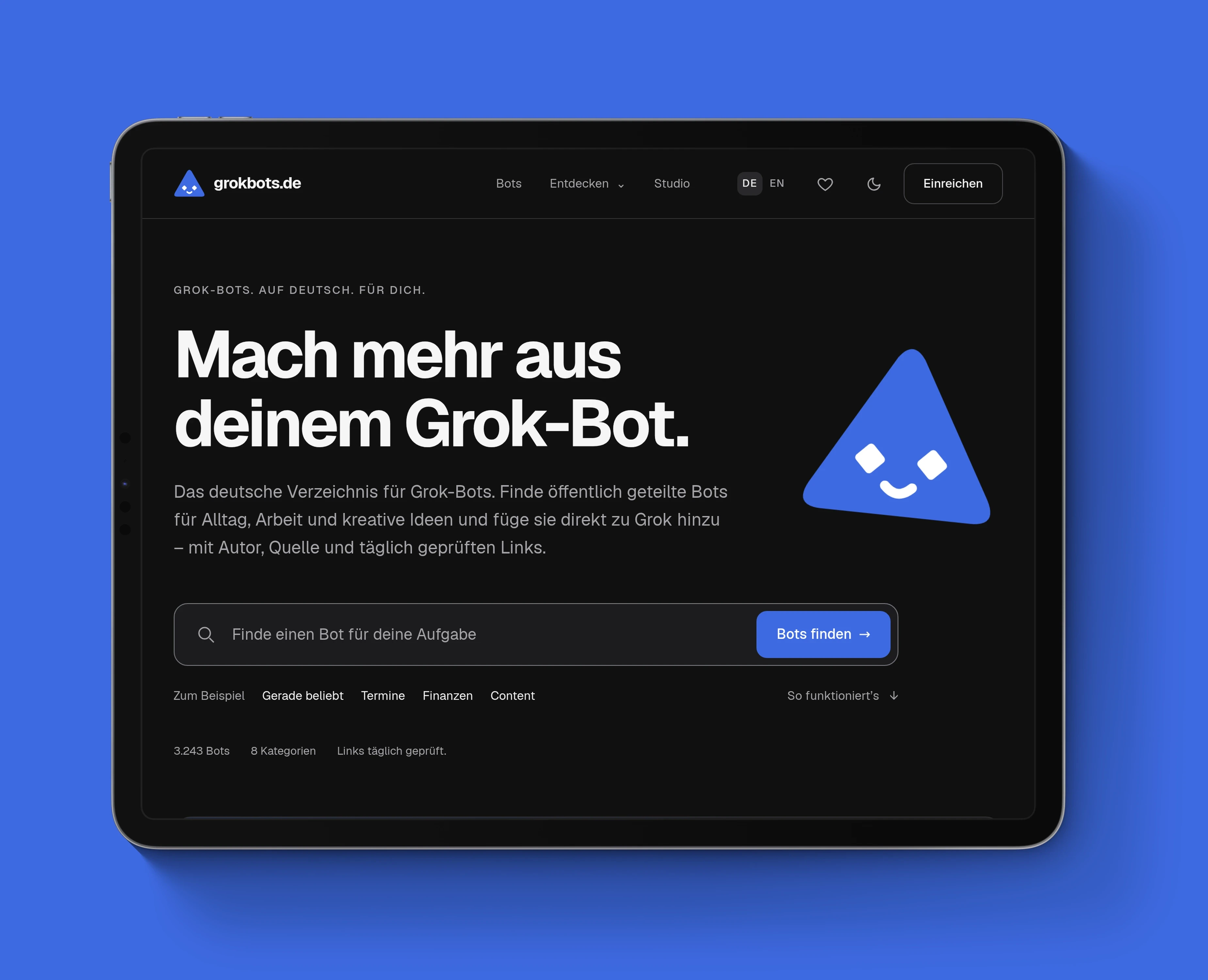grokbots.de auf dem iPad: deutsches Verzeichnis für Grok-Bots