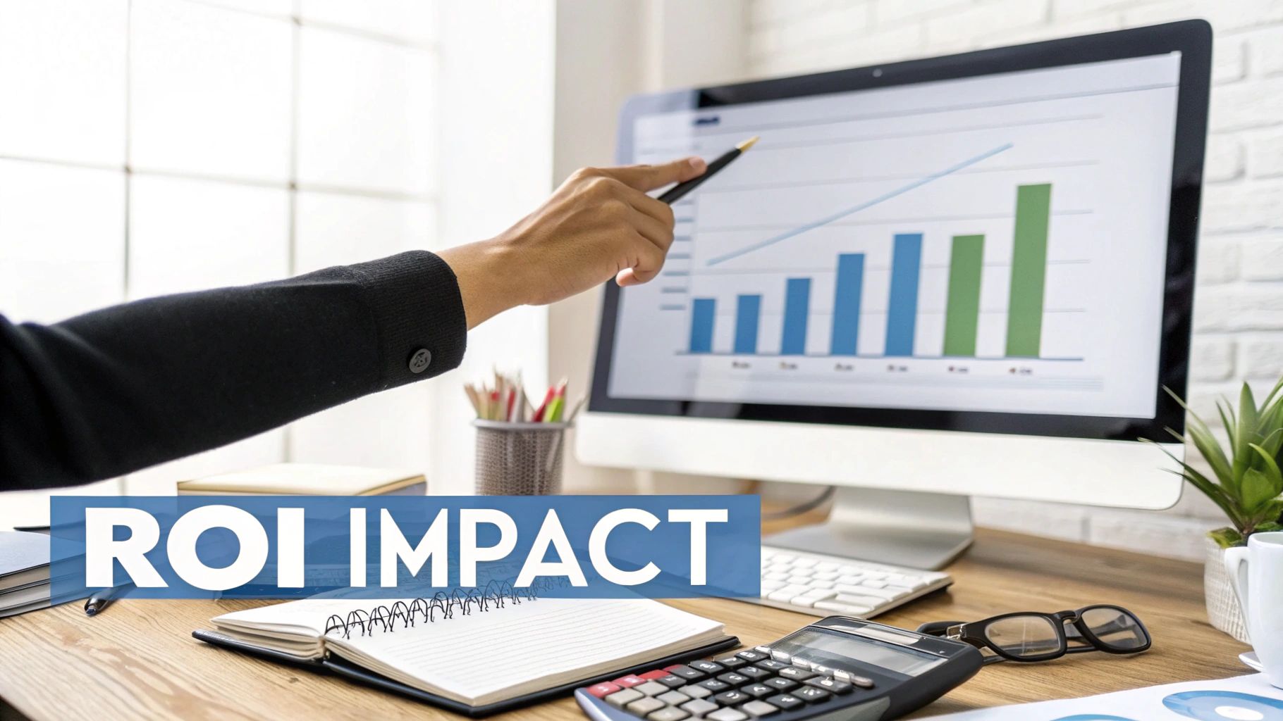 A person points with a pen at a computer monitor displaying a bar chart and line graph, with 'ROI IMPACT' text overlay.