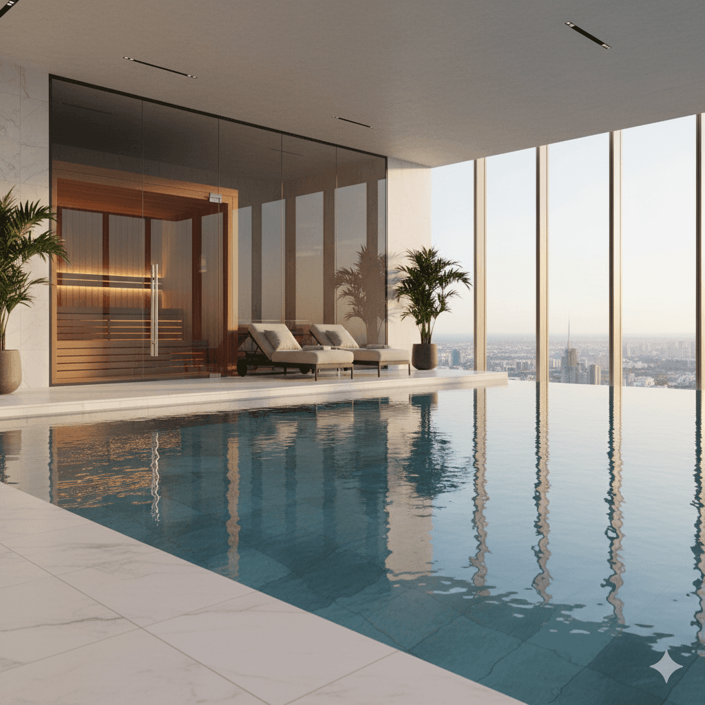 M3M Penthouses Noida: Floating pool and wellness facilities amenity area