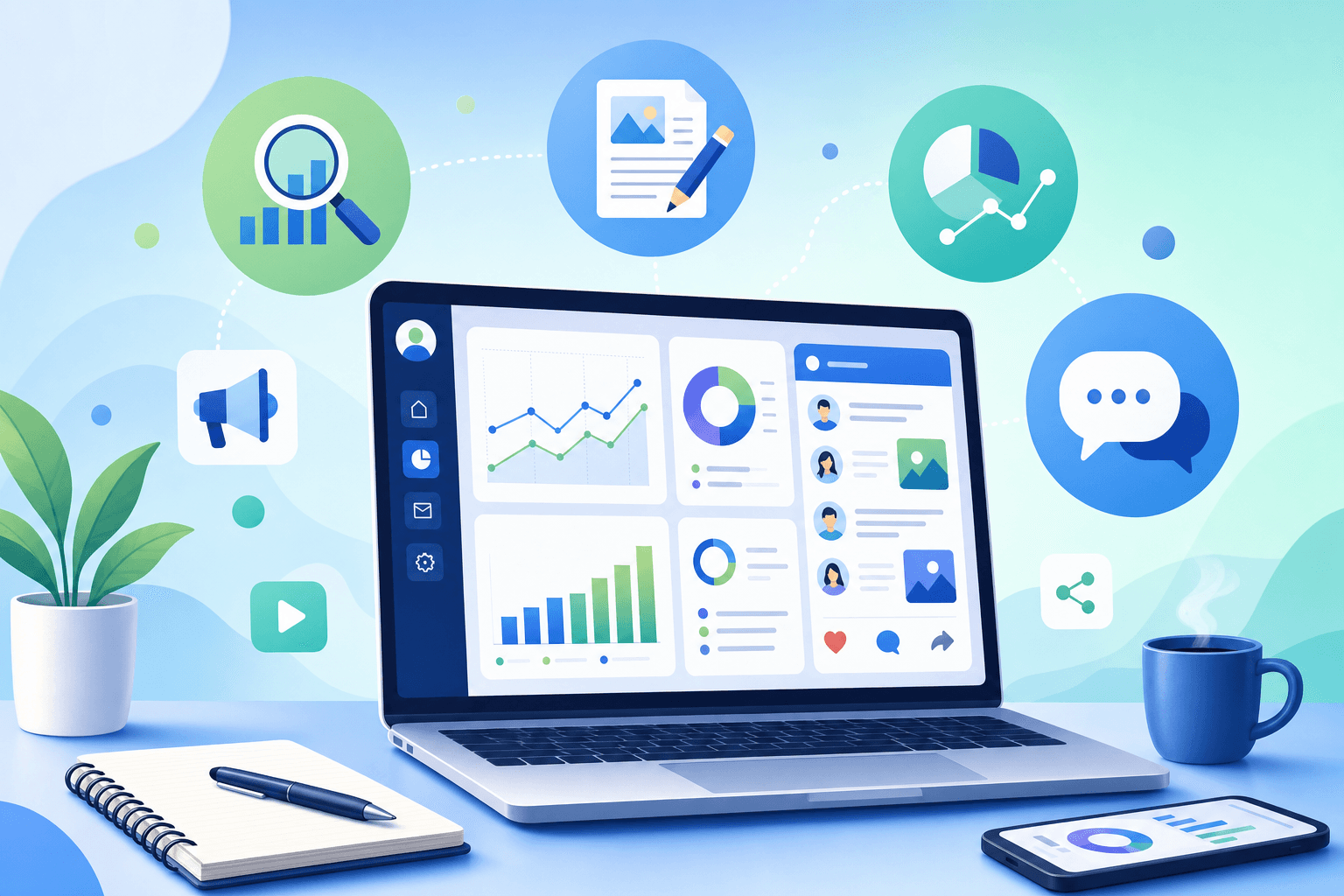 A clean, modern illustration showing marketing professional skills concepts: a laptop displaying analytics dashboards and social media interfaces, surrounded by floating icons representing SEO, content writing, data analysis, and communication. Soft gradient background in professional blues and greens, minimalist flat design style, bright and aspirational mood.