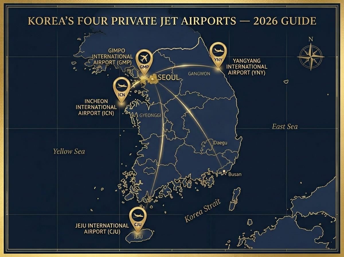 한국 공항별 전용기 예약 가이드 - 김포 SGBAC 인천 제주 양양 Air Charter Korea 2026