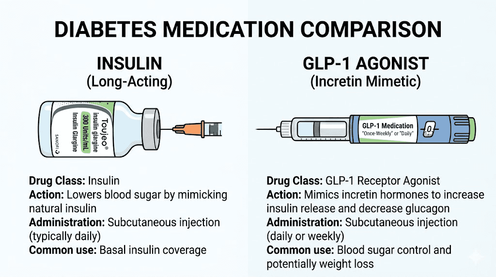 Toujeo insulin vs GLP-1 medication visual comparison