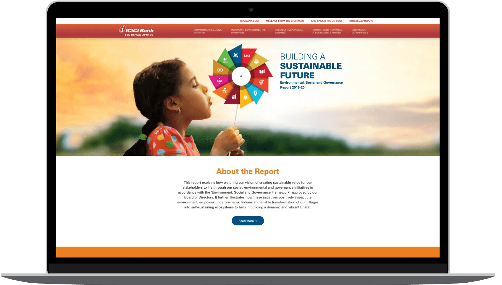 ICICI Bank ESG Report 2019 website displayed on a laptop
