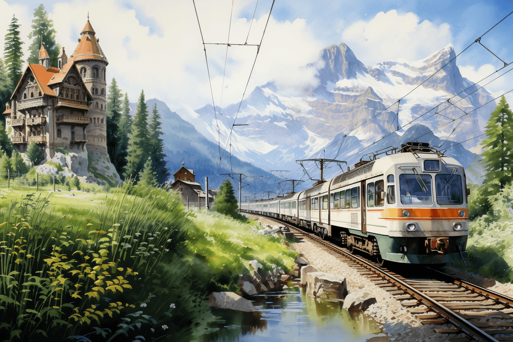 Zug fährt durch eine alpine Landschaft, symbolisiert verschiedene Stationen in Europa.