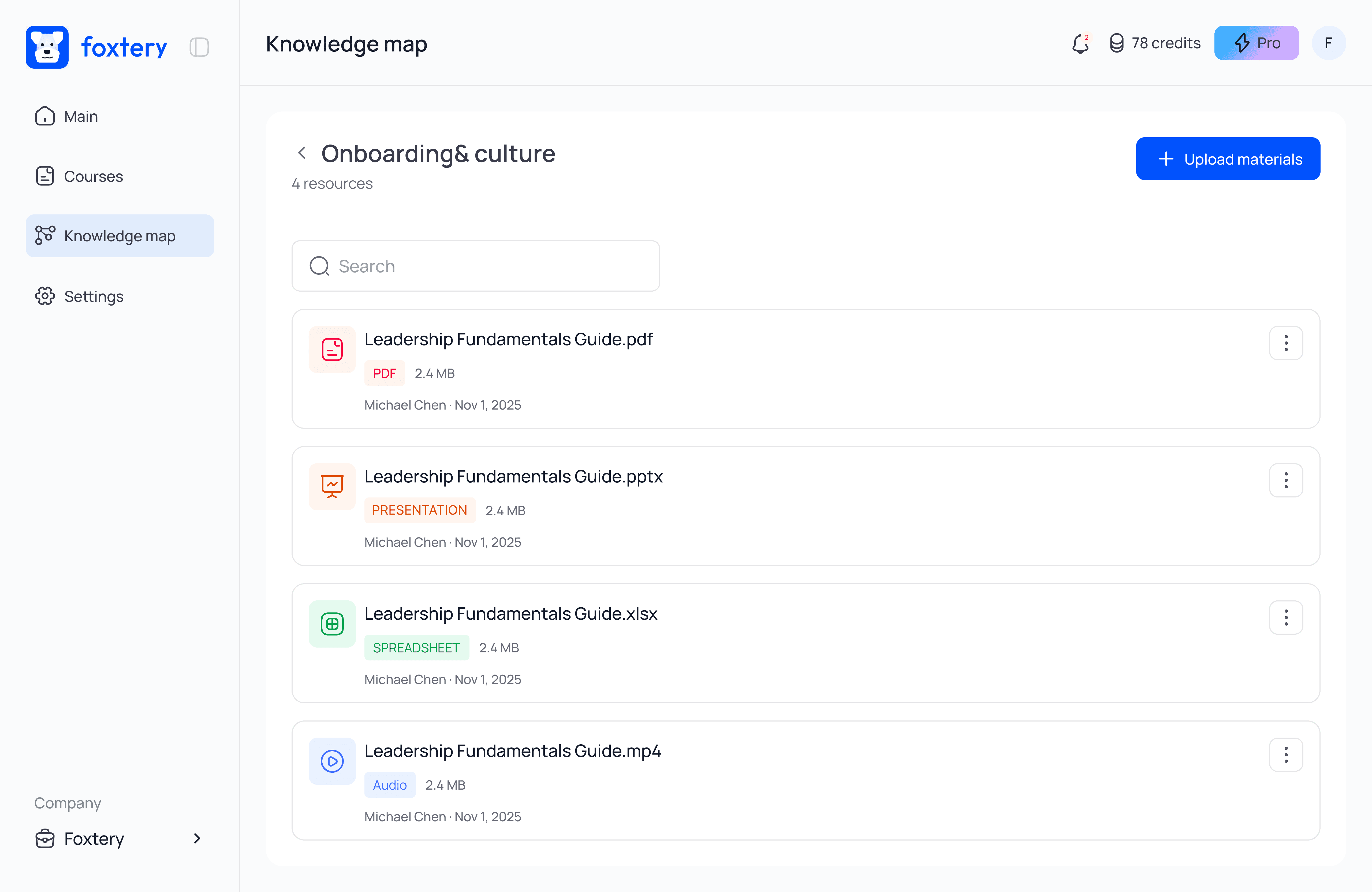 AI knowledge map interface showing uploaded training materials in multiple formats used to build employee learning courses