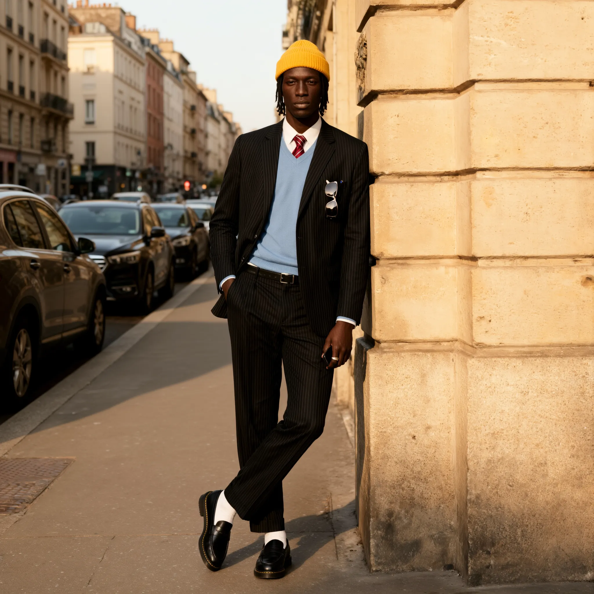 Männliches KI-Model in elegantem Nadelstreifenanzug mit gelber Mütze und blauer Weste, lässig an einer Pariser Hauswand lehnend für stilvollen Street-Fashion-Look in warmem Abendlicht.