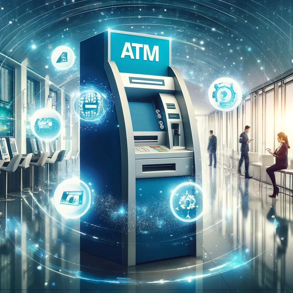 Futuristic ATM in a modern bank, displaying digital service icons for online banking, digital wallets, and financial apps. The background shows customers interacting with tablets and mobile devices in a sleek, tech-driven bank environment, highlighting the concept of ATM as a service.