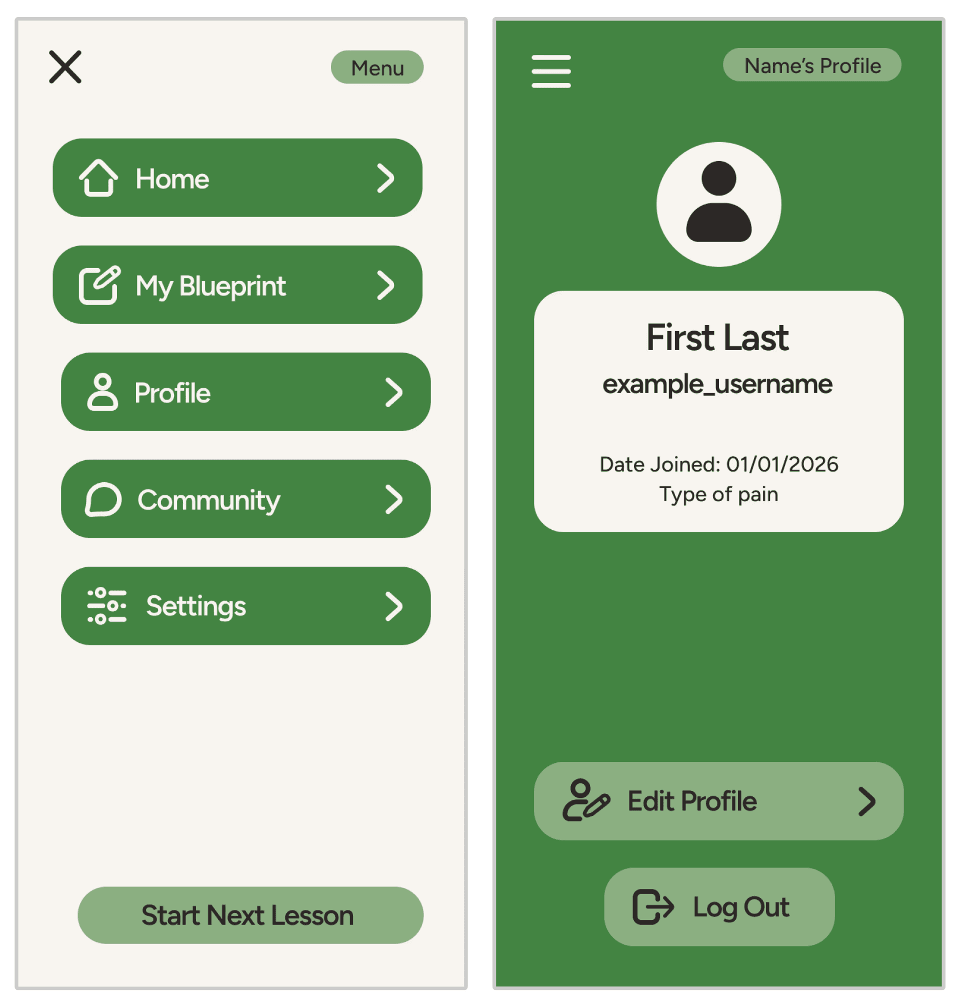 Two mobile app screens showing the main sidebar navigation menu and a user profile page with a placeholder for a profile picture.