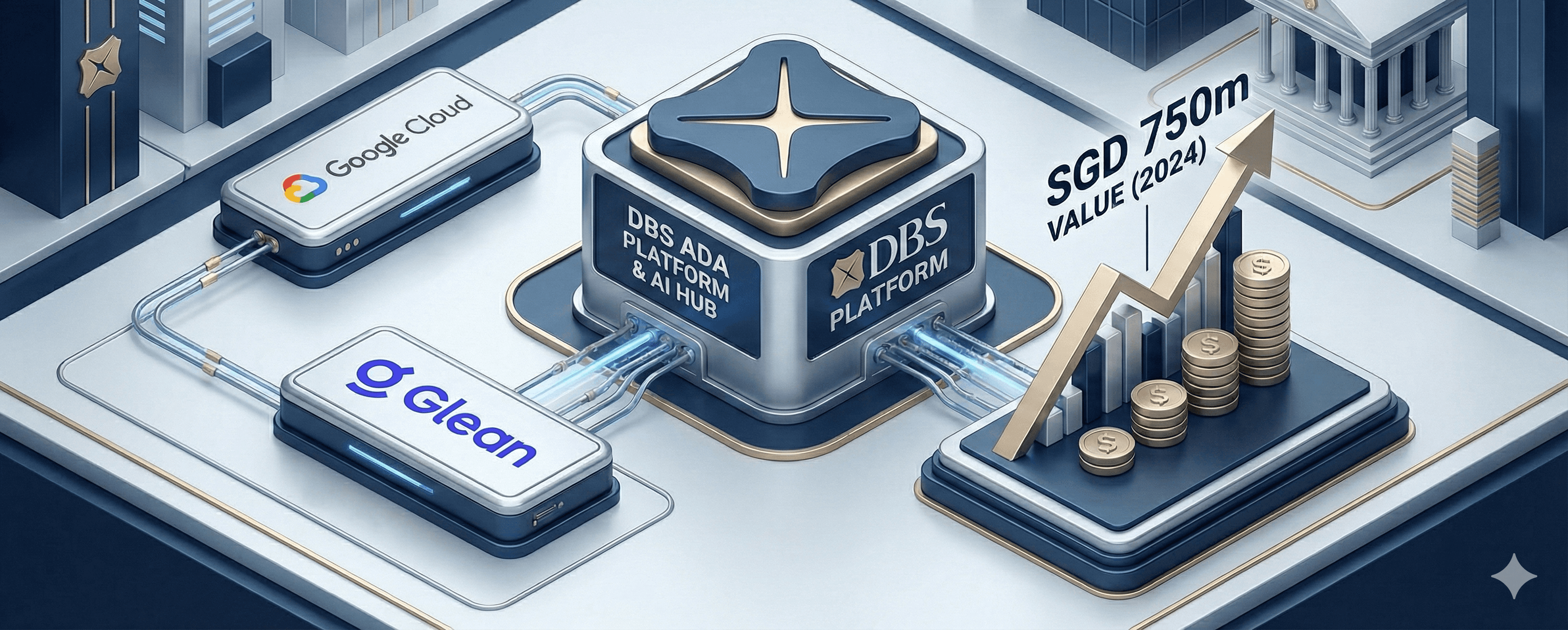 The image depicts a digital illustration of the DBS Bank AI infrastructure, featuring interconnected platforms labeled "Google Cloud" and "Glean," highlighting a SGD 750m value (2024) with stacks of coins symbolizing financial growth.