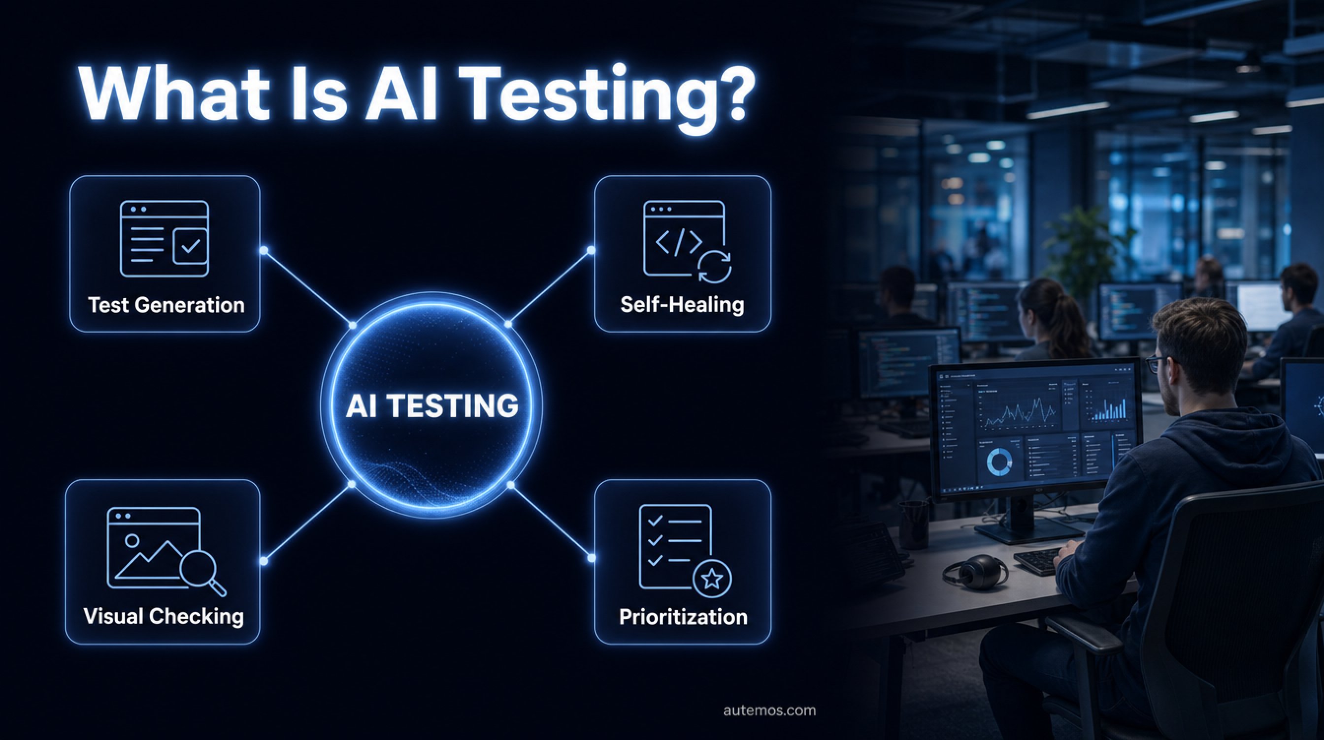 Hub-and-spoke diagram: AI Testing at the center with four application types.