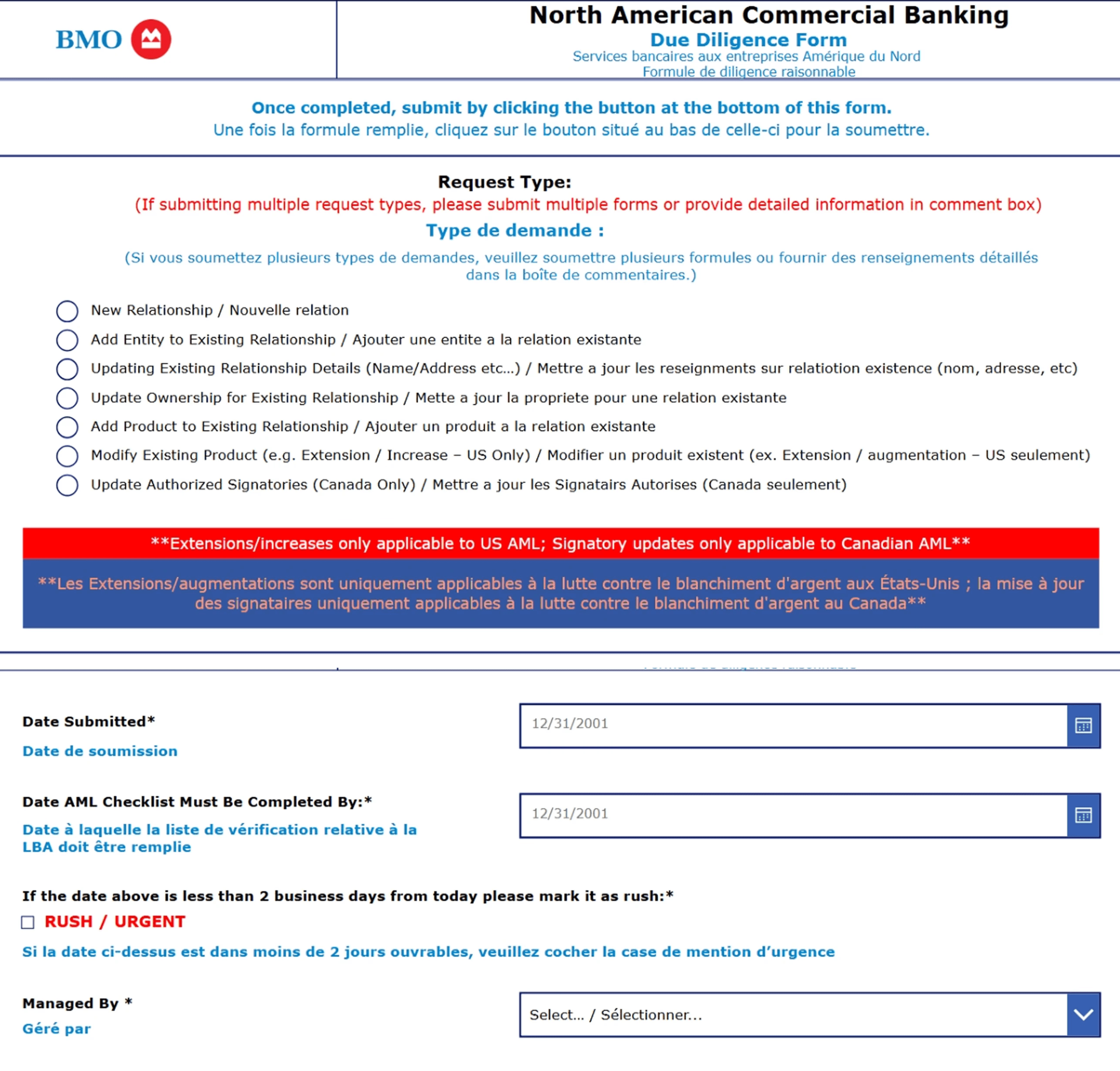 Legacy bilingual due diligence form with long static layout, radio button request types, and manual date entry fields.