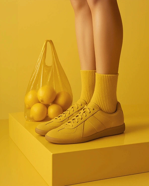 Yellow sneakers, socks, and a lemon bag on a yellow background create a bold monochromatic look.