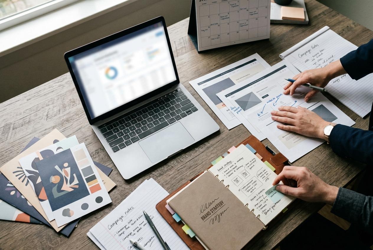 Marketing team reviewing brand strategy, CRM data, and campaign materials at a shared desk