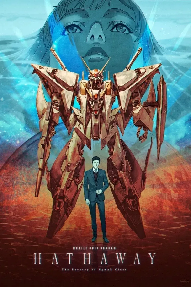 The poster for "Mobile Suit Gundam: Hathaway" features a towering, intricately detailed Gundam robot in the foreground with a man standing in front of it, set against an abstract oceanic background with the translucent face of a woman gazing down.