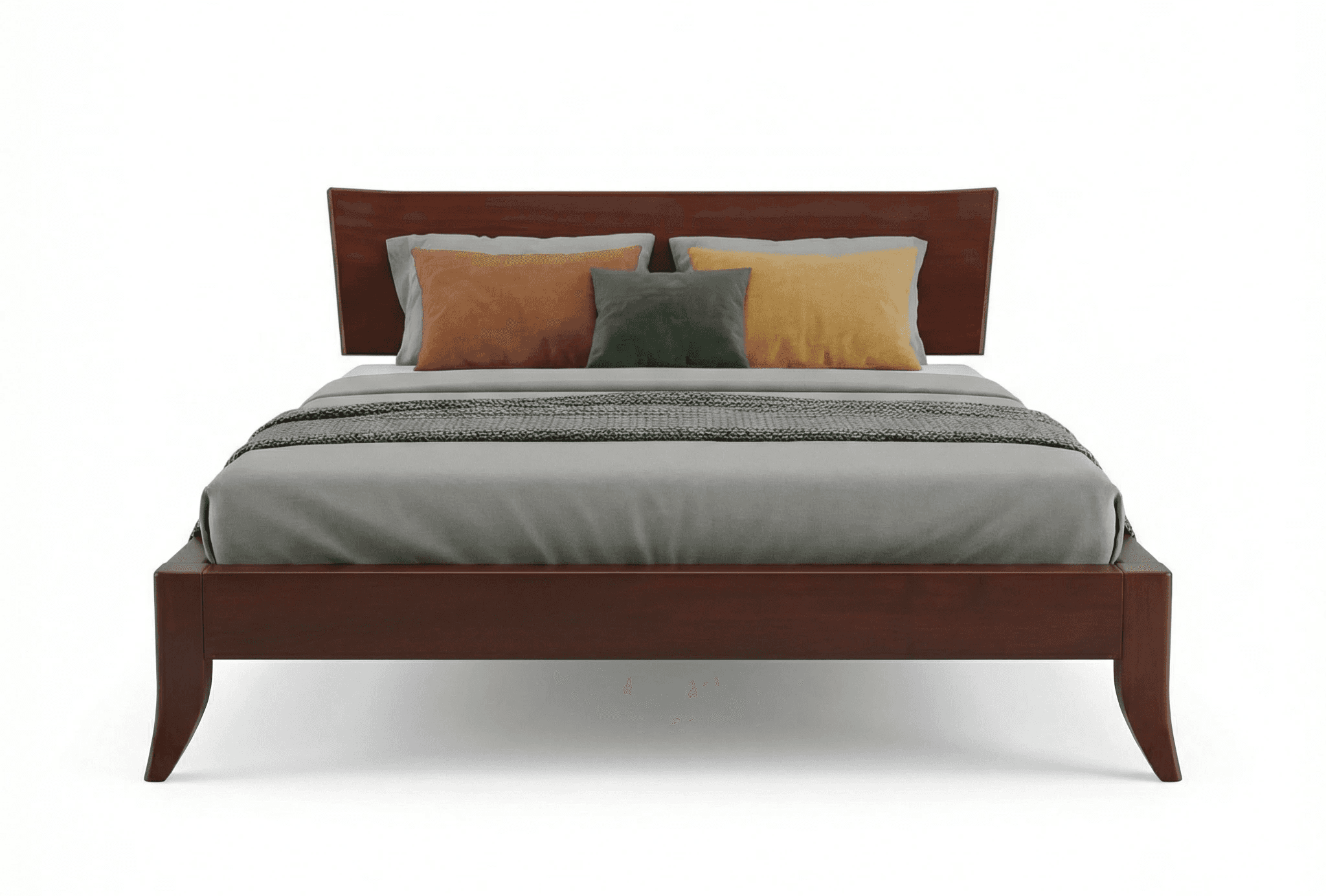 Low wooden bed with open base, straight headboard, and simple geometry