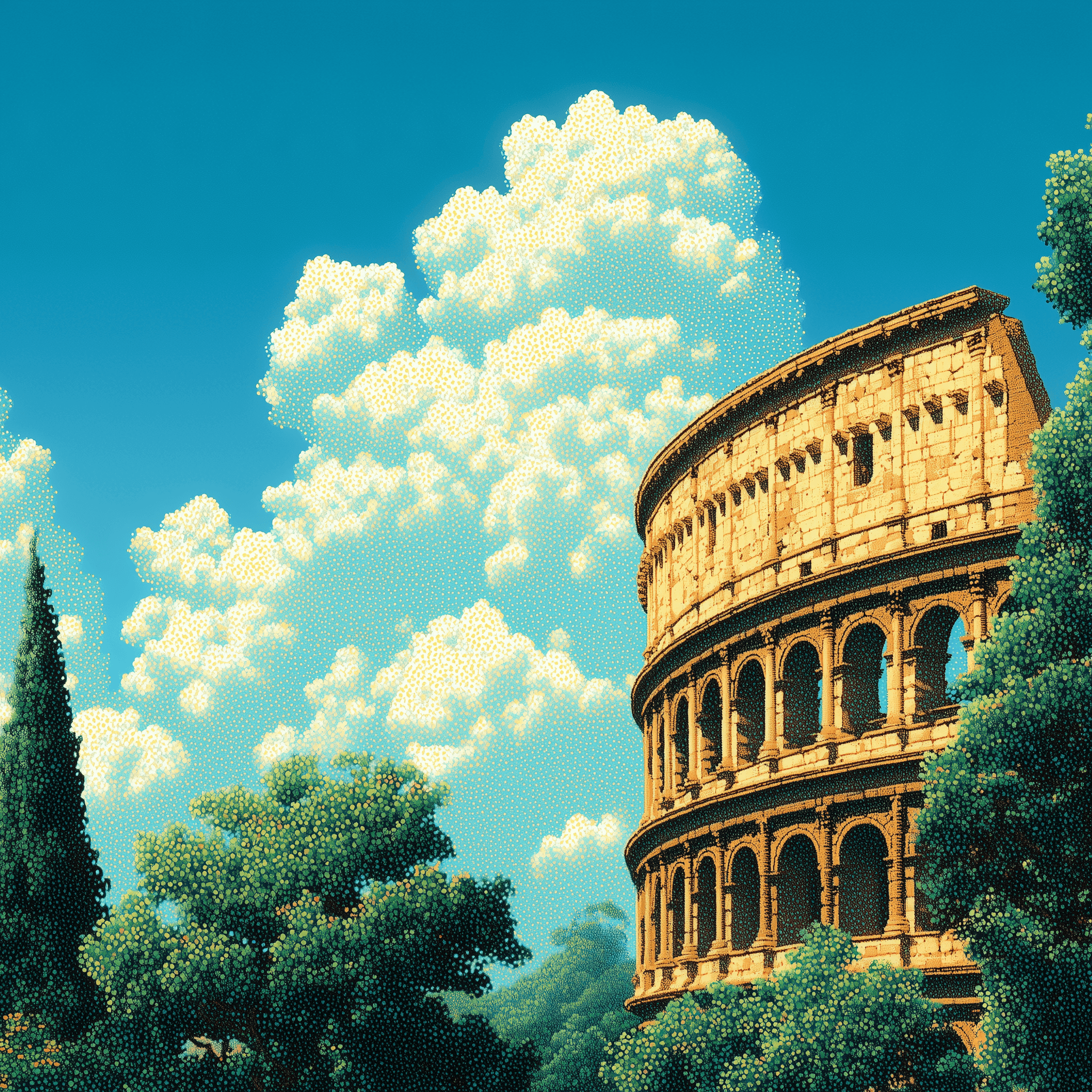 Illustration en pixel art du Colisée romain encadré par des arbres luxuriants sous un ciel bleu nuageux.