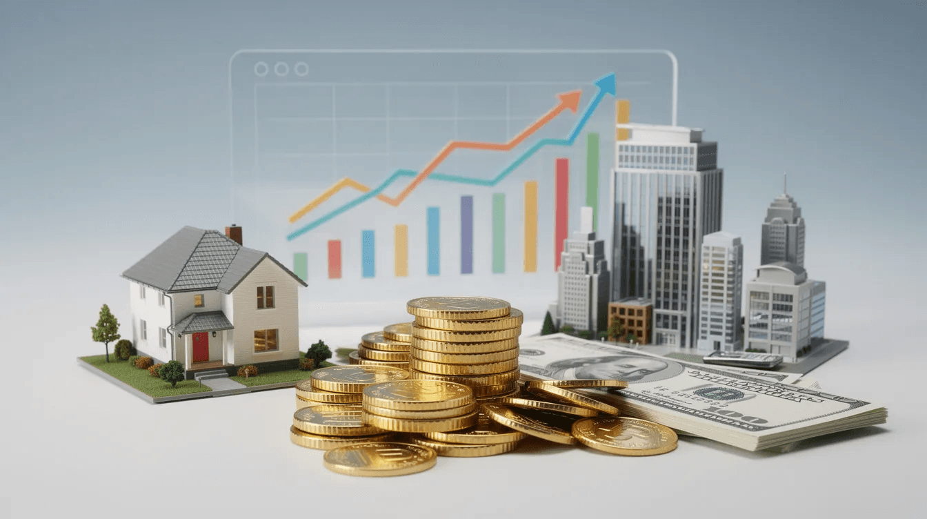 The image features a collection of diverse investment symbols, including coins, real estate icons, and upward growth charts, representing various aspects of wealth management. This visual highlights the importance of creating a financial plan and seeking guidance from a certified financial planner to navigate tax implications and manage newfound wealth effectively.