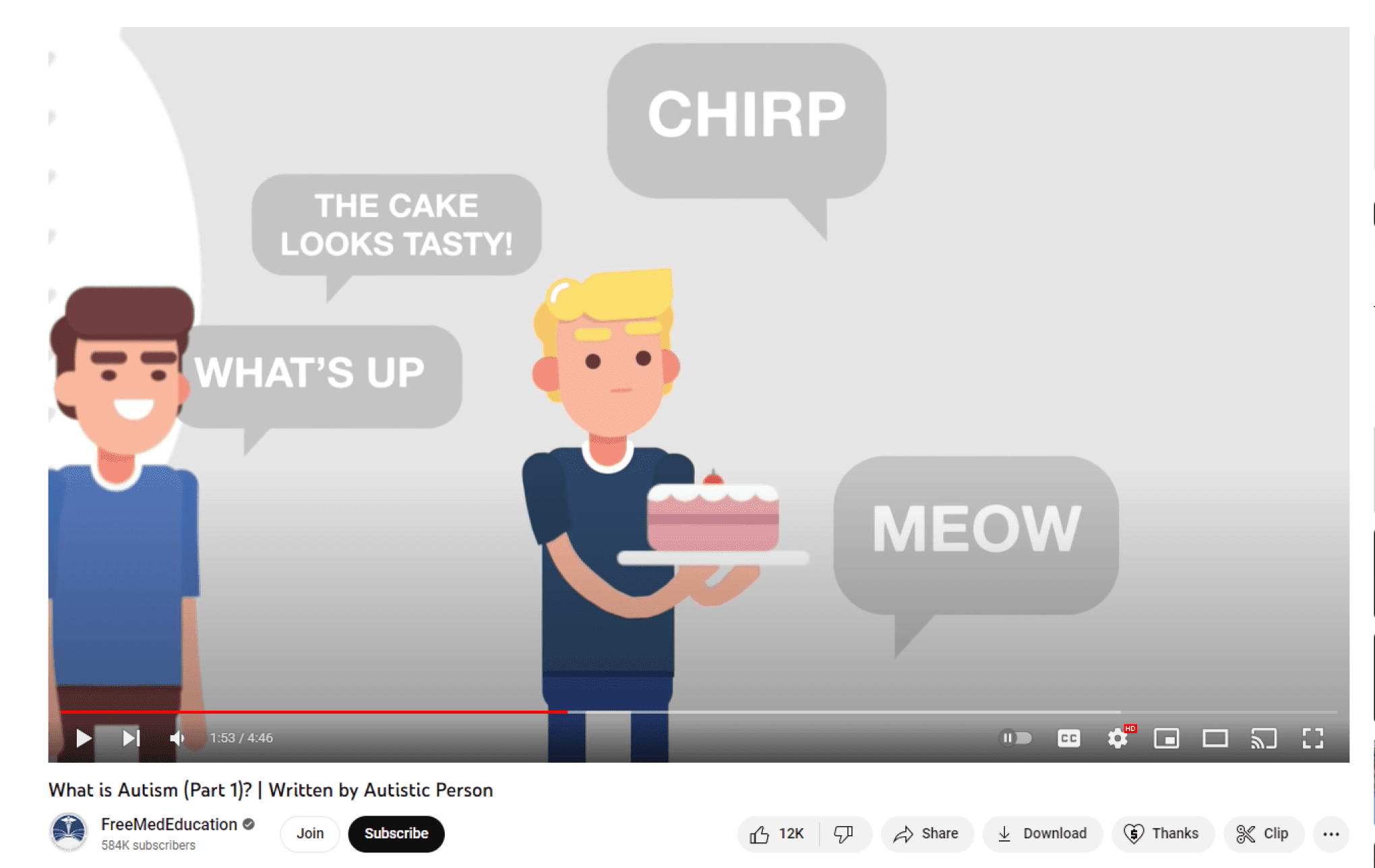 screenshot of the youtube video "what is autism" there is an image of someone holding a cake and another person smiling. The scene is overwhelming with many text bubble saying chirp, meow, what's up, the cake looks tasty