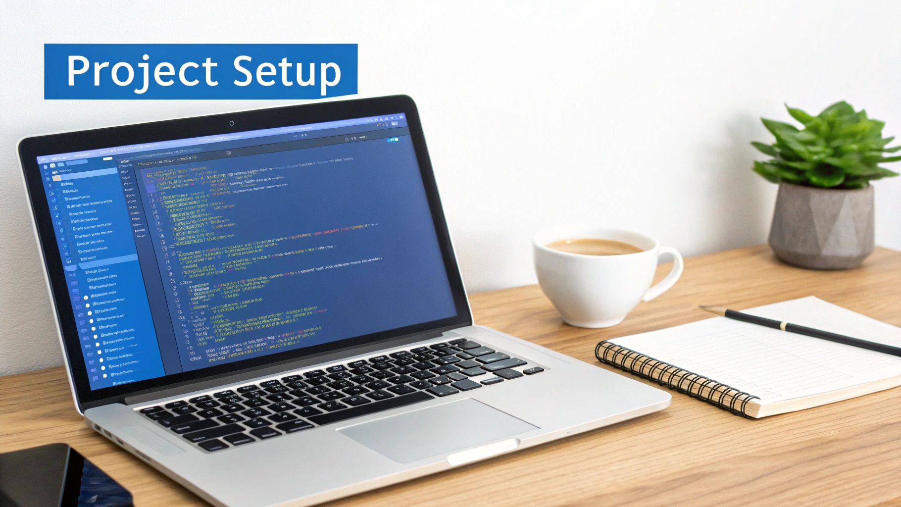 A laptop displaying code on a wooden desk, accompanied by coffee, a notebook, and a plant.