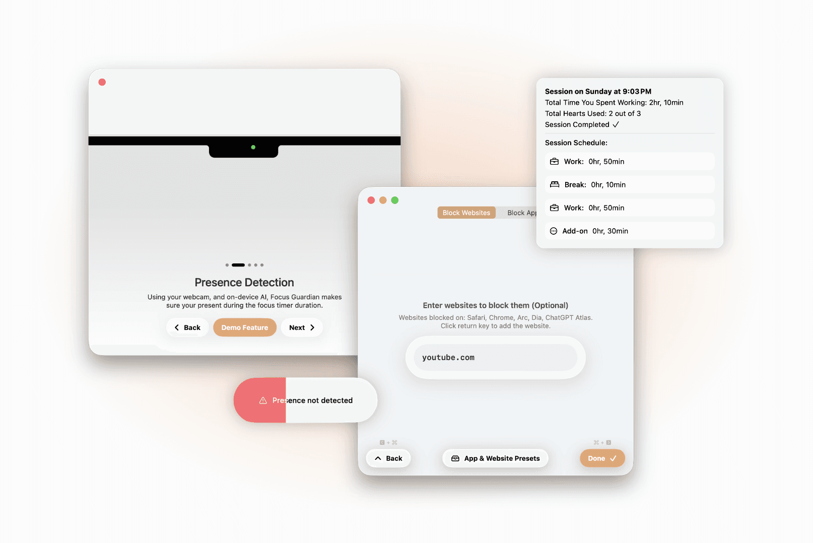 Shows off a variety of Timely’s screens and features. It includes the onboarding flow for Presence Detection, and a UI for App & Website Blocking.