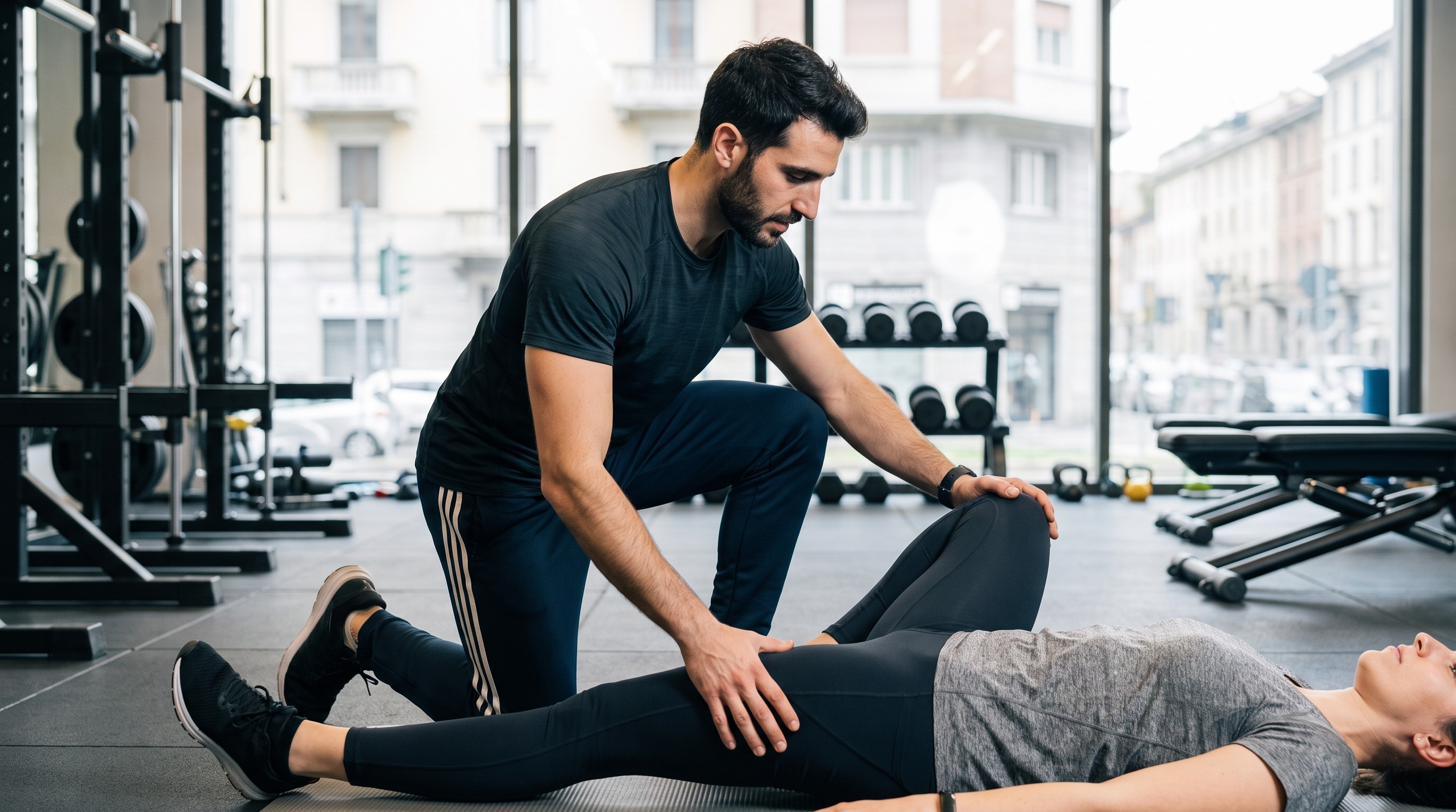 Istruttore di riabilitazione funzionale AIF valuta la catena cinetica di un cliente in palestra