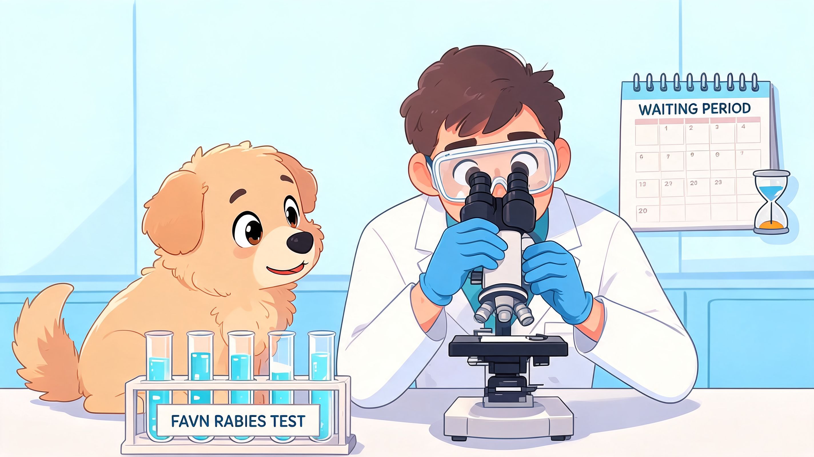 A veterinarian examining a sample with a microscope while a cute dog watches in a lab.