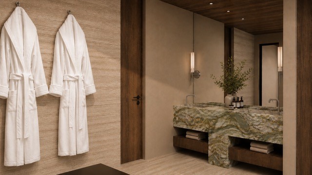 Nice interrior with bath robe and wooden furniture