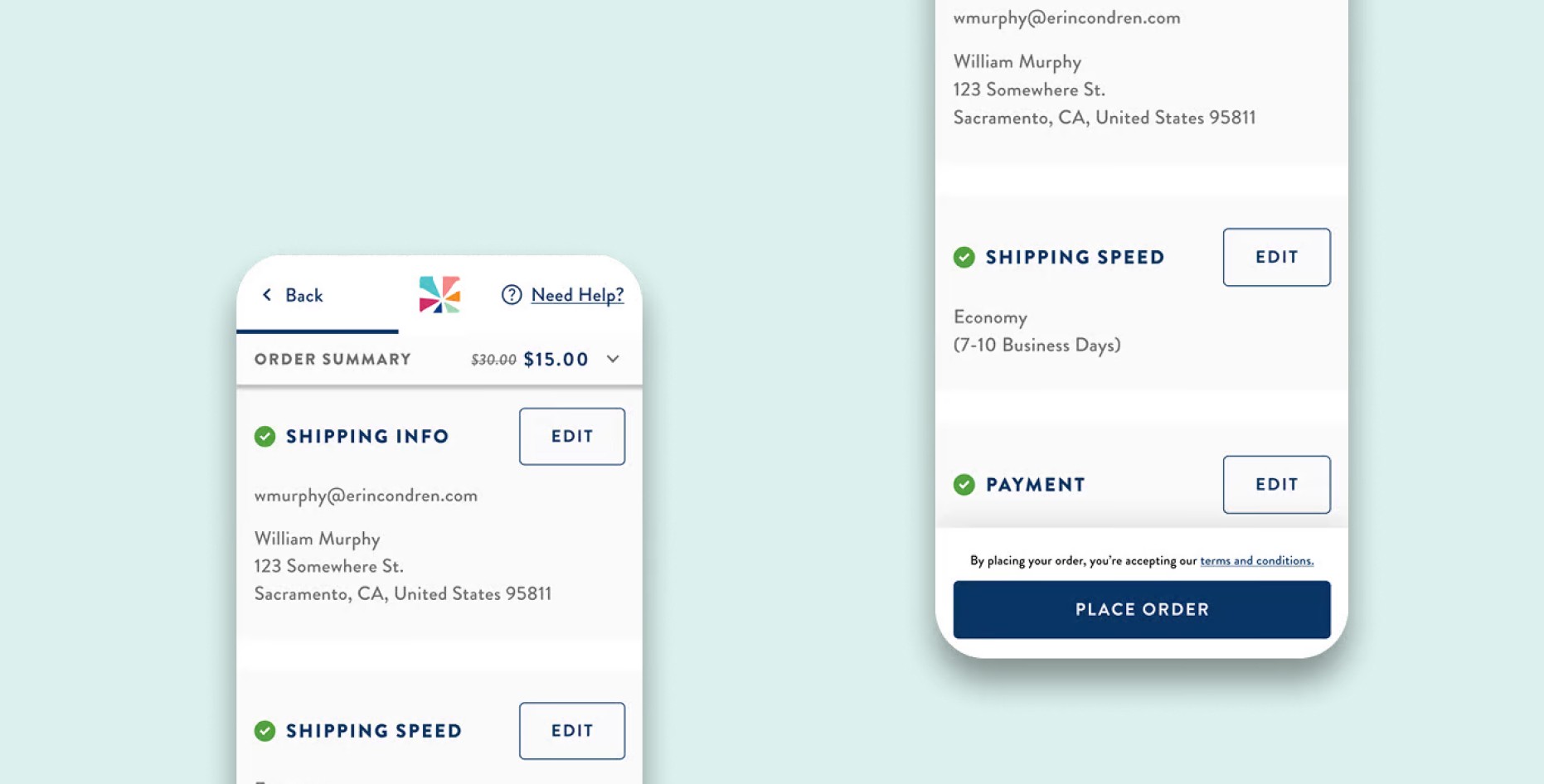 Mobile checkout screens showing the simplified single-page review flow. Confirmed steps for shipping info, shipping speed, and payment are displayed inline with edit options, replacing the separate review page. A sticky Place Order button anchors the bottom of the screen for easy access.