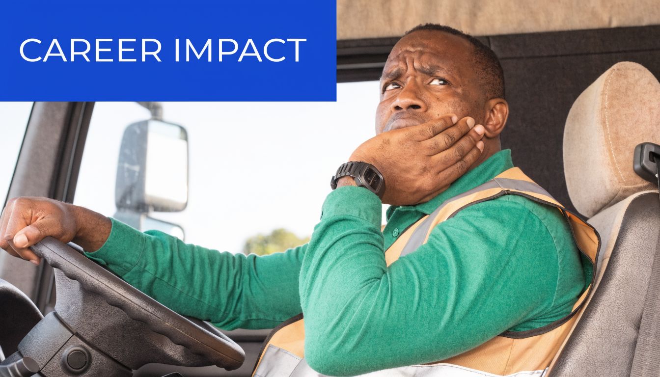 A worried truck driver sits in the driver's seat of his vehicle looking thoughtful.